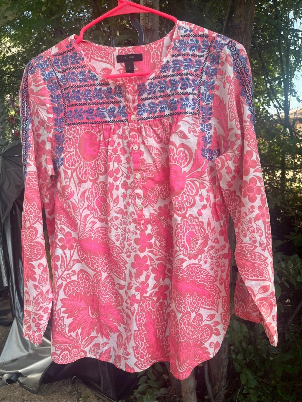 J. Crew Pink and Blue Floral Embroidered Peasant Blouse